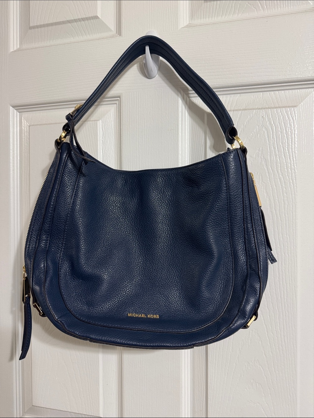 Michael Kors Navy Blue Pebbled Leather Hobo Shoulder Bag with Gold Hardware
